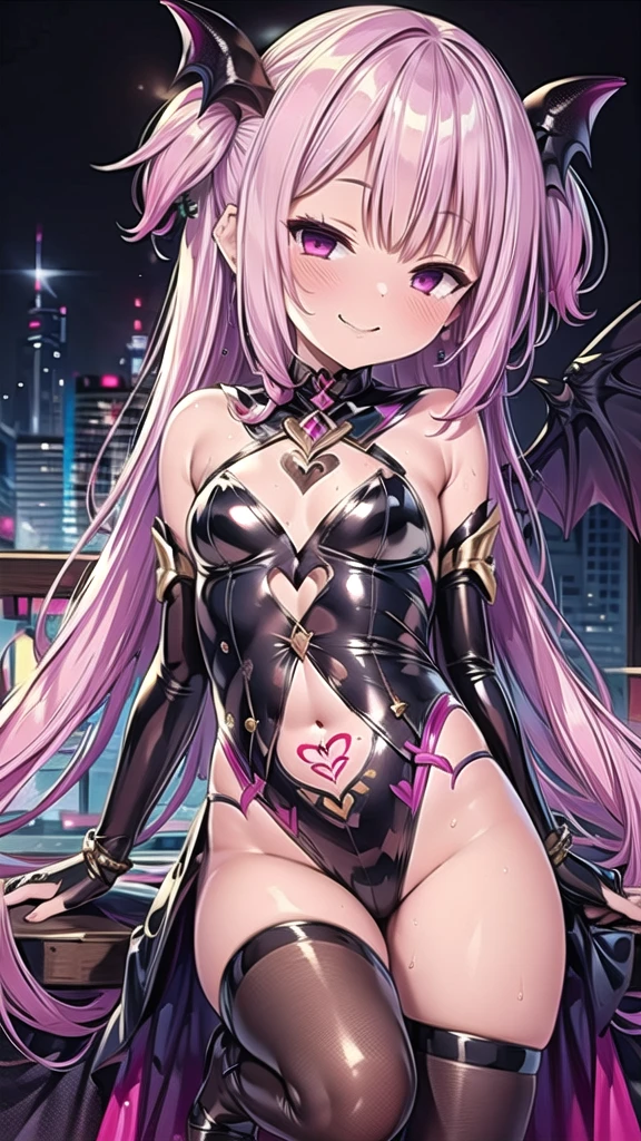 masterpiece, Highest quality, Very detailed, One girl, alone, corruption, Wicked Smile, Genital tattoo, magical girl uniform, Retention Staff, Pink Hair, Black clothes, Destroyed city background,Dark shadowed face,Sadistic smile,Malice,Contempt,smile,latex,Bad face,,,two hands,Two legs,five fingers,evil background,elbow gloves,latex, Wicked Smile, devilish aura (Shiny fabric:1.5),Dark world background,solo,feet,
