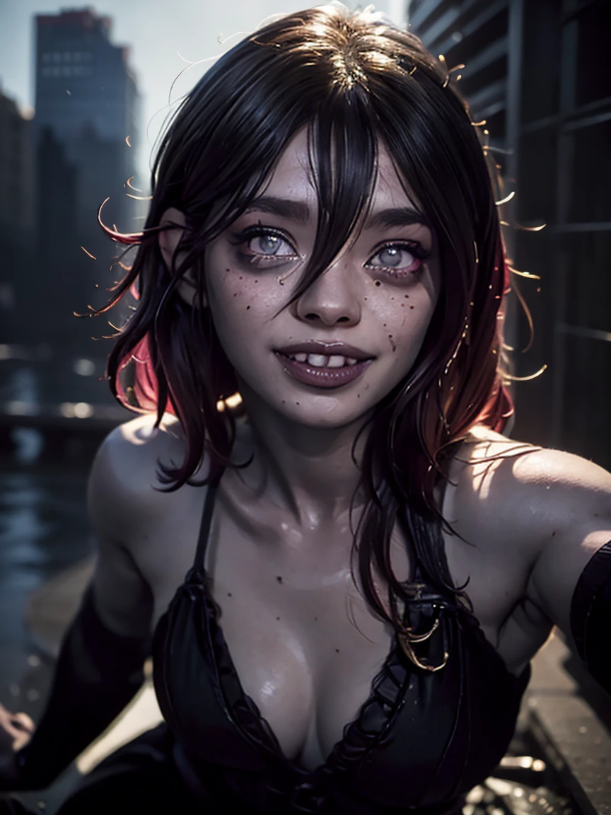 (RAW photos, best quality), (realistic, photorealistic: 1.2), (round face: 1), 1 girl, selfie outdoor, (high detail skin: 1.2), (puffy eyes), (lying silkworm), smile, collarbone, air bang, straight brown black hair, pure black pleated skirt, soft lighting, high quality, cityscape, skyline, night, rain, wet, professional lighting, Photon mapping, radiosity, physically based rendering,