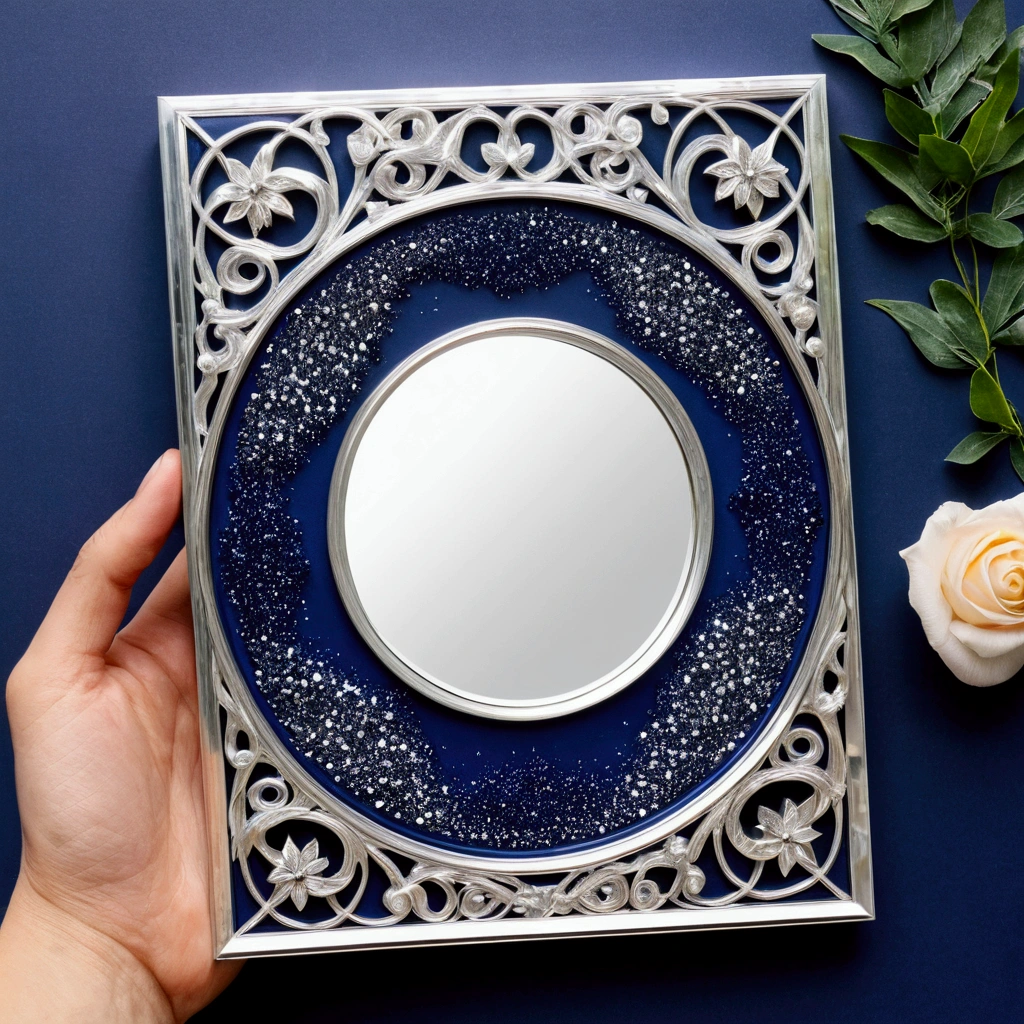 Create a cover with the title “The art of loving” put the word inside a mirror surrounded by lines intertwined with the mirror, with bright silver sparkles, the background has to be navy blue
