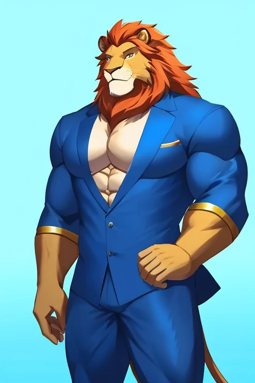 lion man, muscular , Blue suit, with king's golden crown
