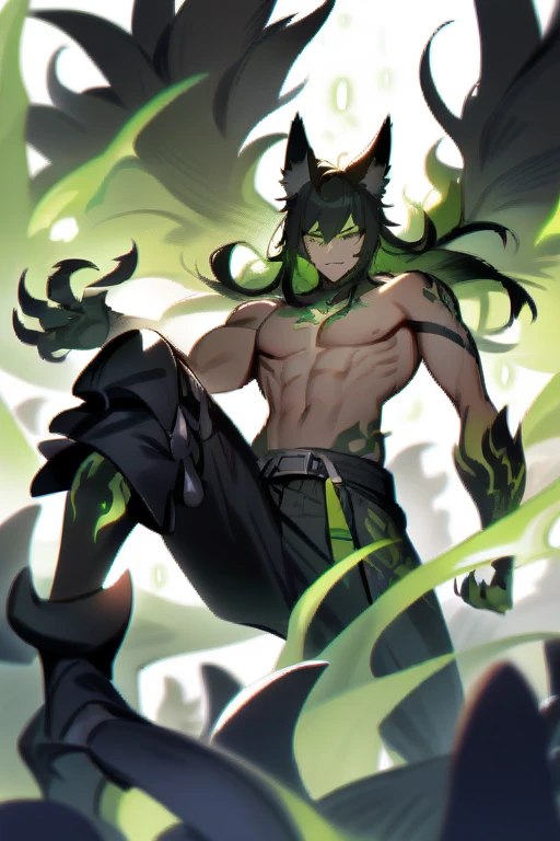 Boy with fox ears and black wings Surrounded by green flames Clothing (shirtless , black pants and claws)