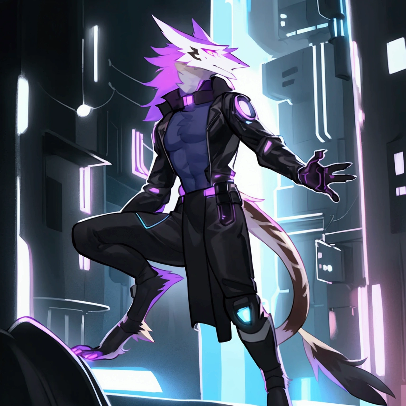 By bebebebebe, by spuydjeks, by buta99, by spikedmauler. athletic male sergal, tigerstrip fur patterns, cyberpunk outfit, hyper detailed, intricate, cinematic lighting, sharp focus, photorealistic, 8k, highres, best quality, masterpiece, extremely detailed, professional, dynamic pose, muscular body, powerful expression, glowing eyes, futuristic technology, neon city background, moody atmosphere, deep shadows, vibrant colors