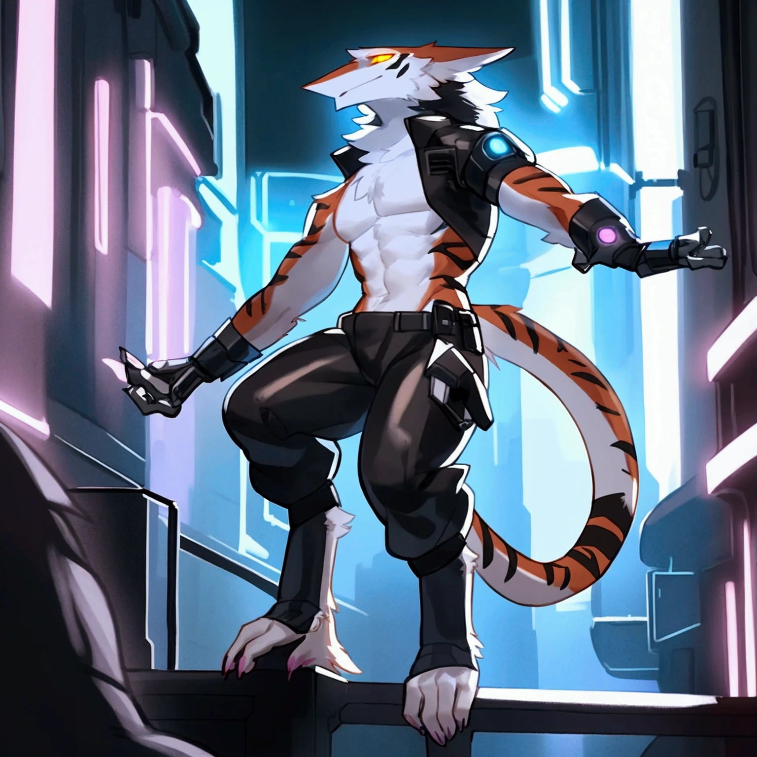 By bebebebebe, by spuydjeks, by buta99, by spikedmauler. athletic male sergal, tigerstrip fur patterns, cyberpunk outfit, hyper detailed, intricate, cinematic lighting, sharp focus, photorealistic, 8k, highres, best quality, masterpiece, extremely detailed, professional, dynamic pose, muscular body, powerful expression, glowing eyes, futuristic technology, neon city background, moody atmosphere, deep shadows, vibrant colors