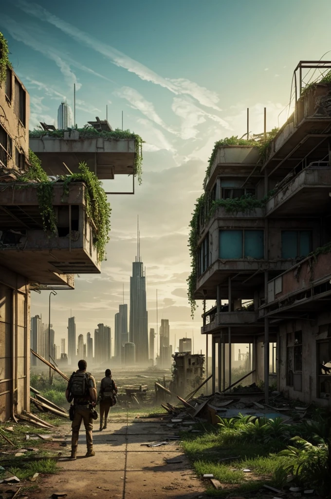 Two people looking back in a post apocalyptic world with an abandoned city and with plants consuming the city 