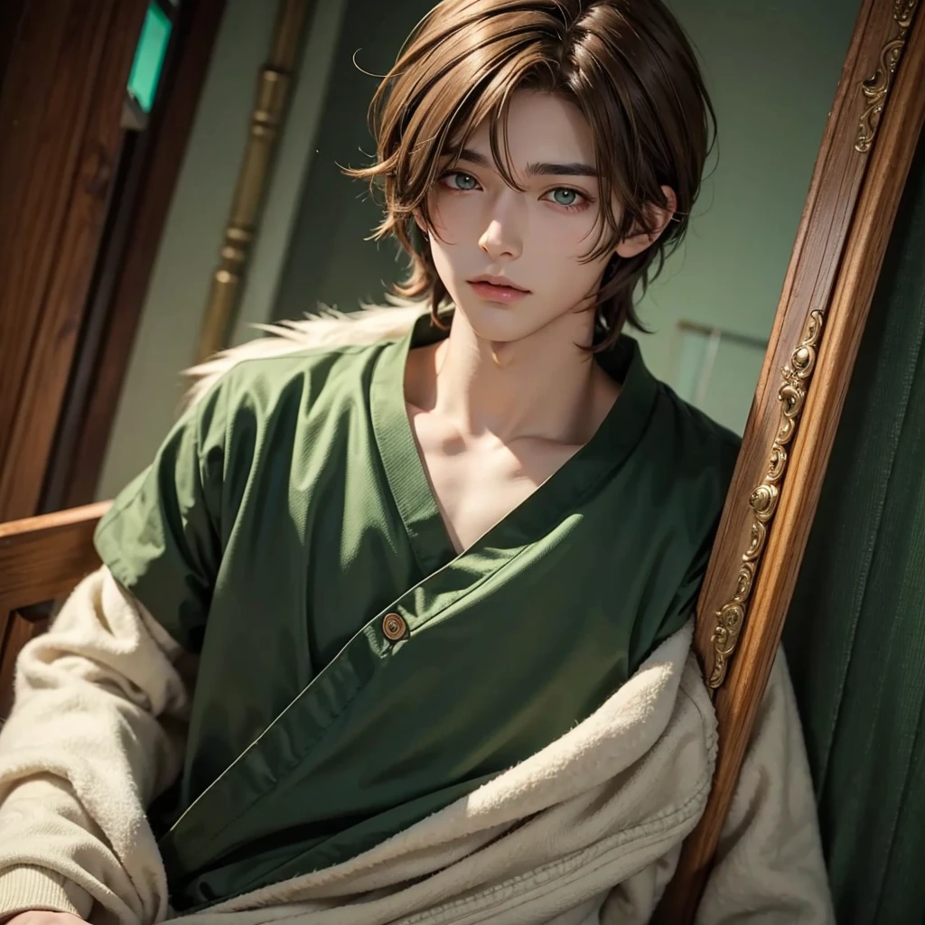 Anime boy with light brown hair with emerald green eyes with a lock of hair covering his left eye