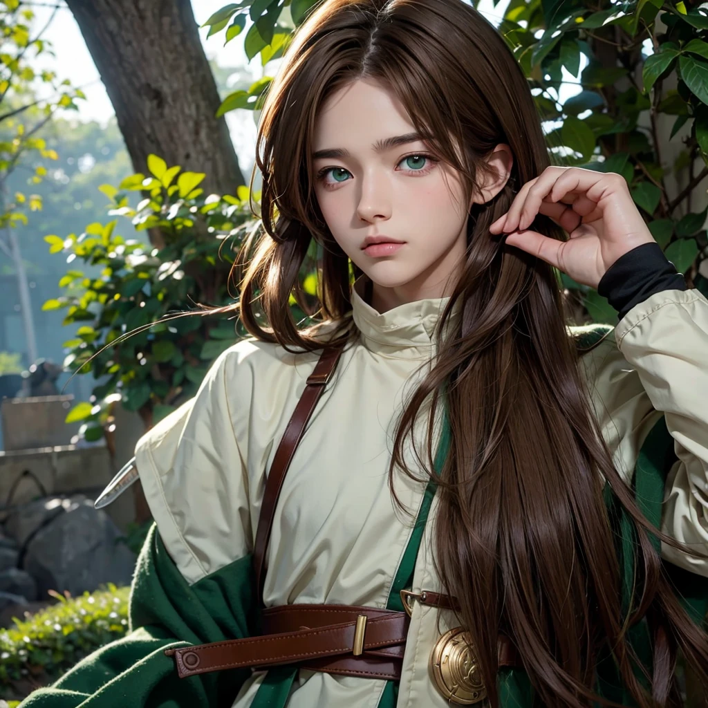 Anime boy with light brown hair with emerald green eyes with a lock of hair covering his left eye 