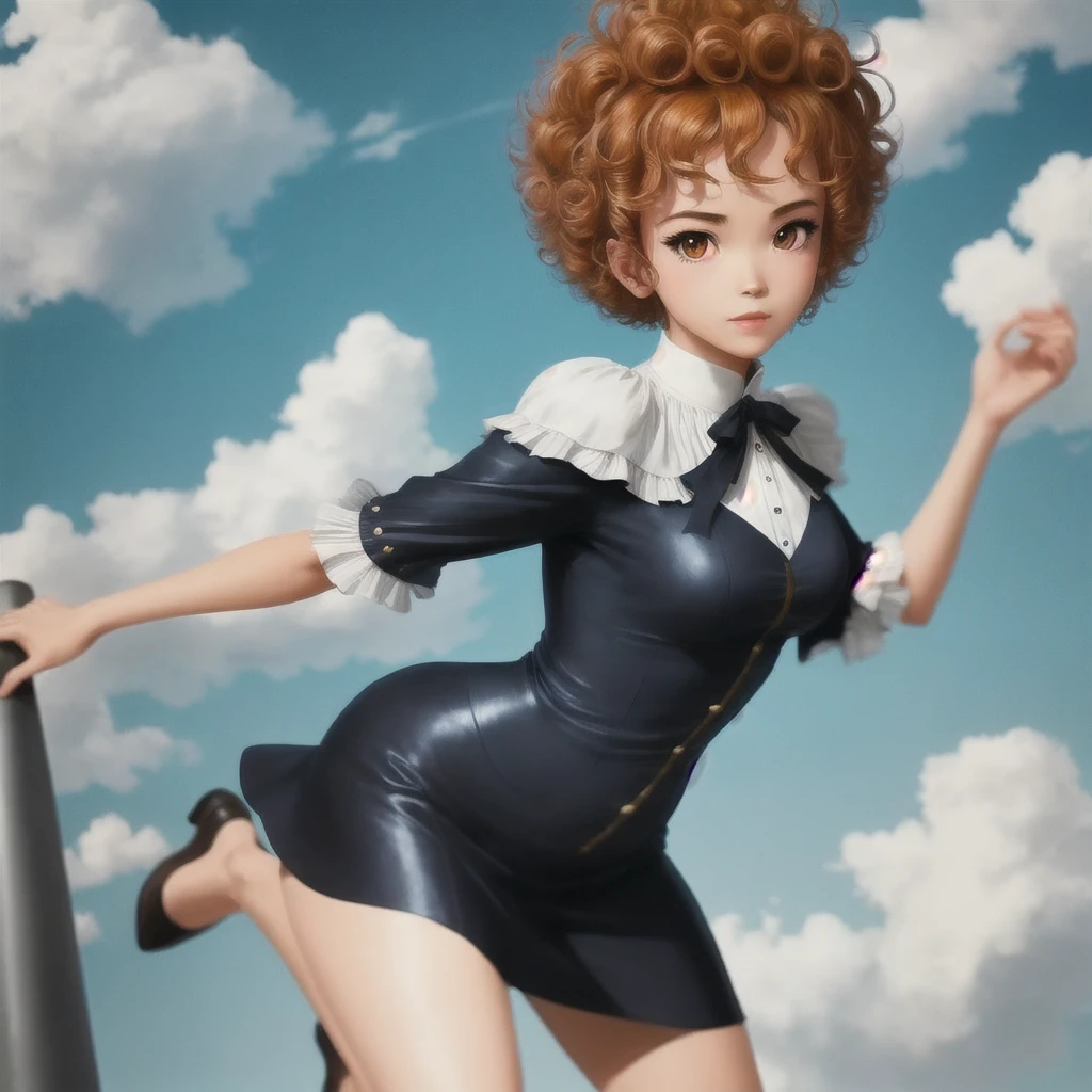 Dressed in Belle Epoque clothing、A person with tanned skin and curly hair、Can you draw a full body FLCL anime style??