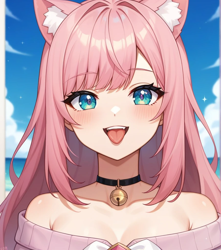 Adult, Female, long pink hair, winking, smiling, tongue out, vtuber, otaku bedroom, Masterpiece, Accurate, Anatomically Correct, Best Quality, High Details, Detail, Super Detailed, Best detail, Perfect detail, Amazing detail, [-3, 3], perfect hands, best hands, best fingers, perfect fingers, perfect body, best body, amazing body, Looking at viewer, front facing, upper body shot, Cat Ears, Close-Up, Pink off shoulder jacket,