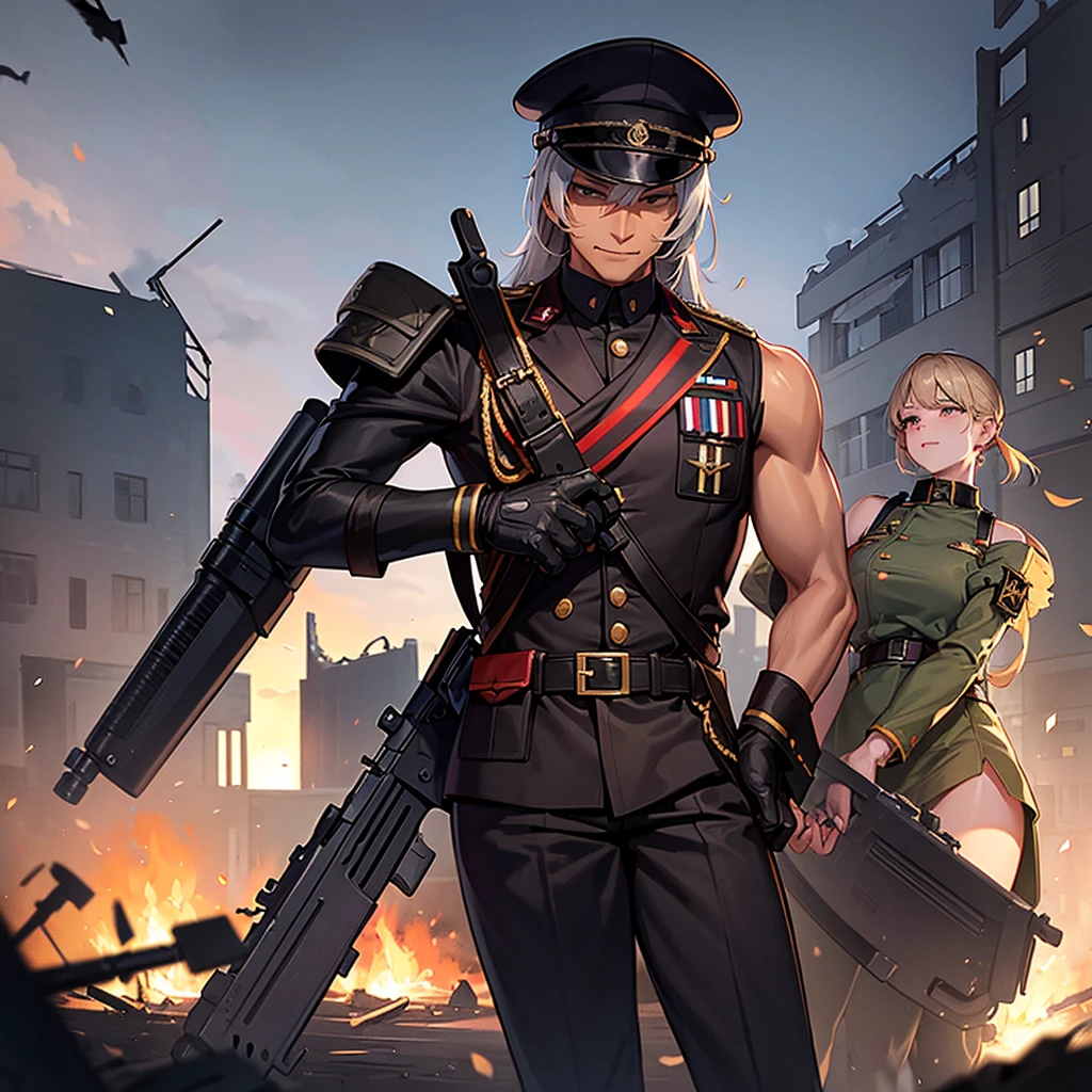 work of art, military soldier, German Uniform, segunda karo mundial, bared shoulders, separate sleeves, evil smiley face, darkskin, blacksad, holding a gun,kar98k,in front, destroyed building, Undoing, houses, karo,militar, Germany,