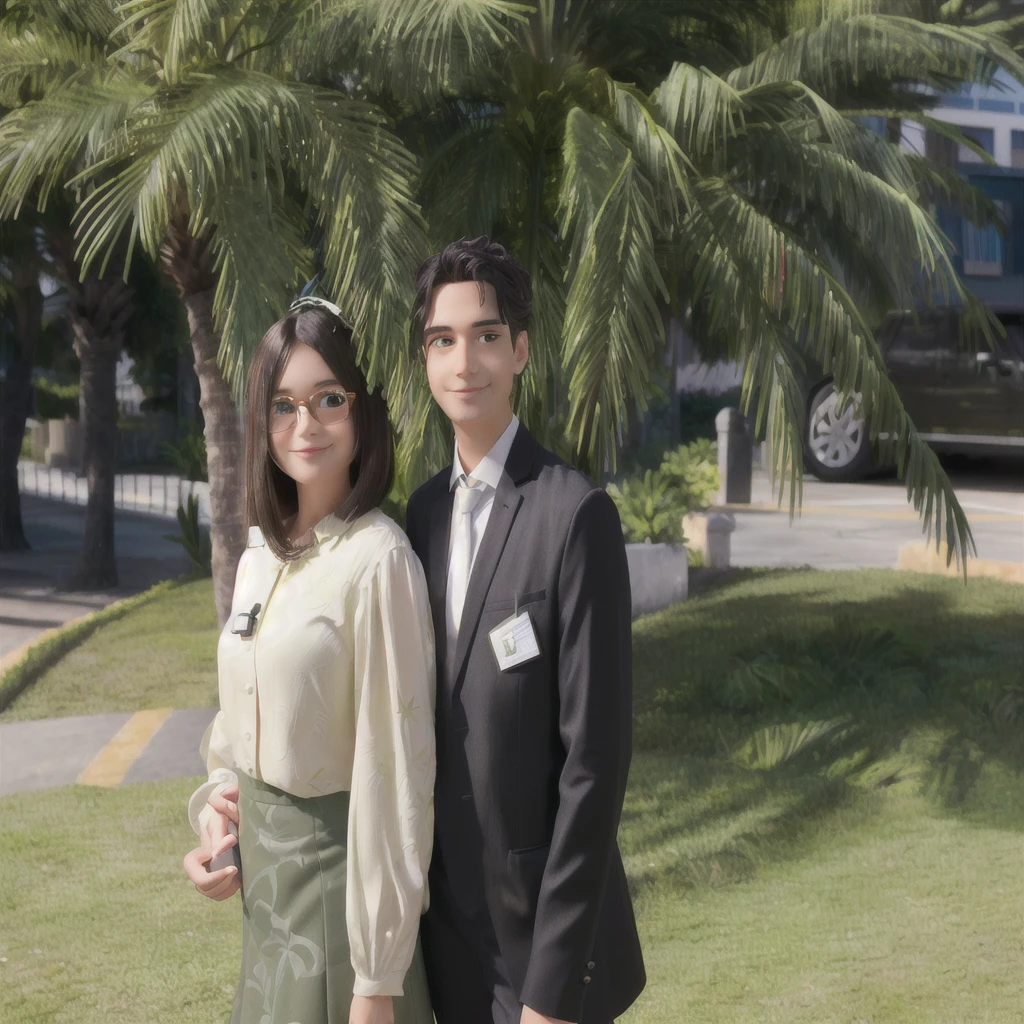 The photo was taken outdoors, probably in a garden, due to the presence of green grass and palm trees in the background. The couple is positioned in the center of the image. The woman on the left has dark, straight, shoulder-length hair. She is wearing glasses, a long-sleeved beige blouse with buttons on the front, and a green skirt that reaches below her knees. 

The man on the right is wearing a well-fitting black suit, with a white shirt and a green tie. He has short, dark hair and is smiling.

The environment is well lit, suggesting that the photo was taken during the day, with the sun shining. The palm trees and surrounding vegetation add a tropical touch to the setting.

disney pixar cartoon style