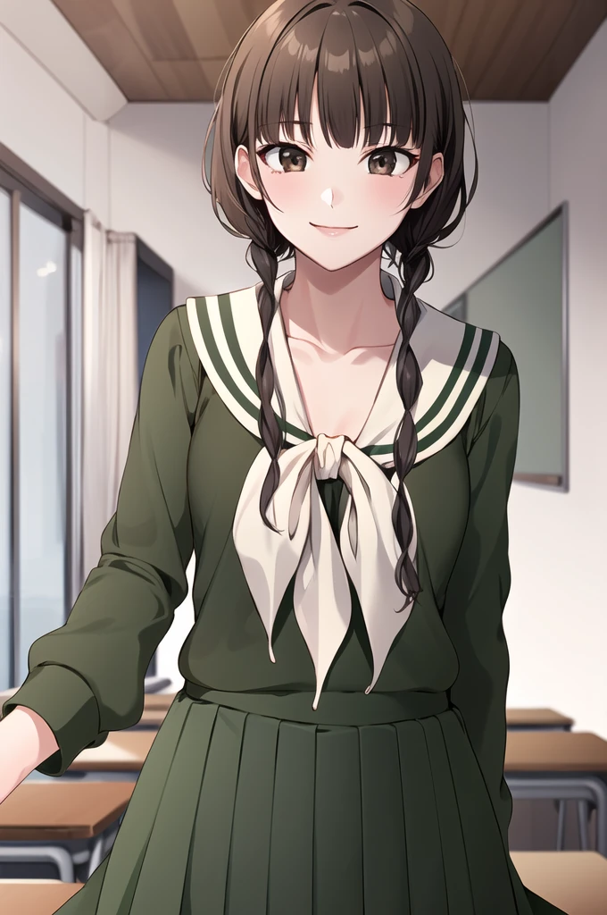 masterpiece, Highest quality, High resolution, Ayayoshino, Long Hair, Twin Blade, Brown eyes, Hair that falls over the shoulders, , Sailor collar, neckerchief, Green Shirt, Sailor shirt, Long sleeve, Green Skirt, Long skirt, classroom, wave hands, smile, Sitting