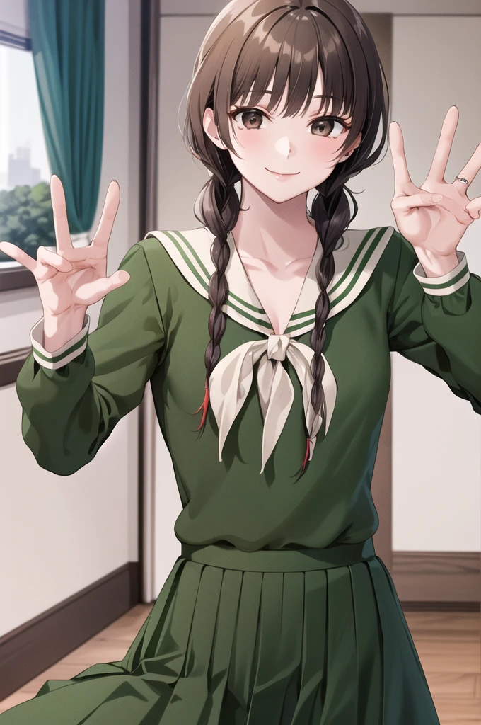 masterpiece, Highest quality, High resolution, Ayayoshino, Long Hair, Twin Blade, Brown eyes, Hair that falls over the shoulders, , Sailor collar, neckerchief, Green Shirt, Sailor shirt, Long sleeve, Green Skirt, Long skirt, classroom, wave hands, smile, Sitting