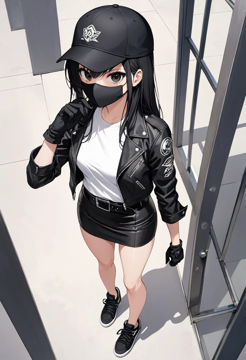 Black miniskirt , Black sneakers , white t-shirt , Black leather jacket , pencil skirt , Leather skirt , whole body , thighs , black hair , black eyes , straight hair , black ball cap , long sleeves , bare legs , View from above , Black gloves , standing posture , black mask , waist belt