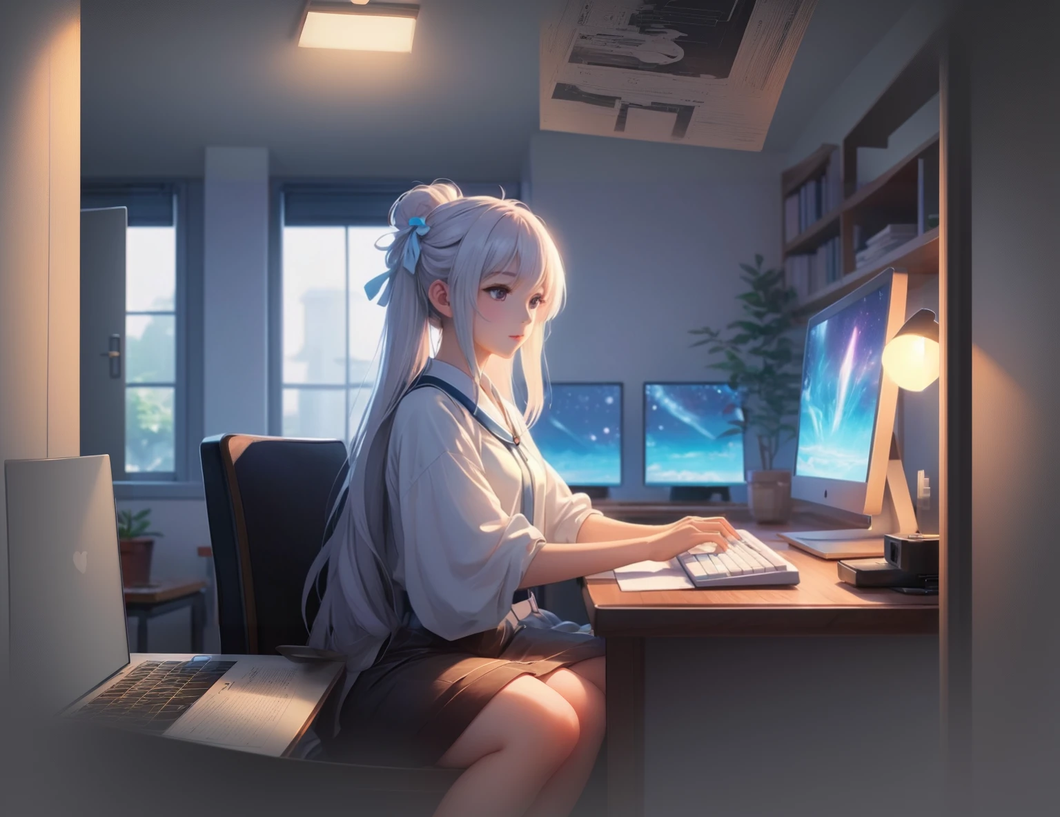 An ethereal anime girl, exuding a sense of calm and nostalgia, sits gracefully at a desk adorned with a laptop and keyboard. The lo-fi artstyle captures the essence of tranquility, with subtle hues and soft lines creating a soothing atmosphere. This exquisite painting radiates lofi vibes, evoking a sense of comfort and relaxation. The anime girl's features are delicately rendered, emphasizing her peaceful expression and gentle aura. Overall, this evocative artwork seamlessly blends anime aesthetic with a dreamy synthwave quality, inviting viewers to immerse themselves in its serene allure.