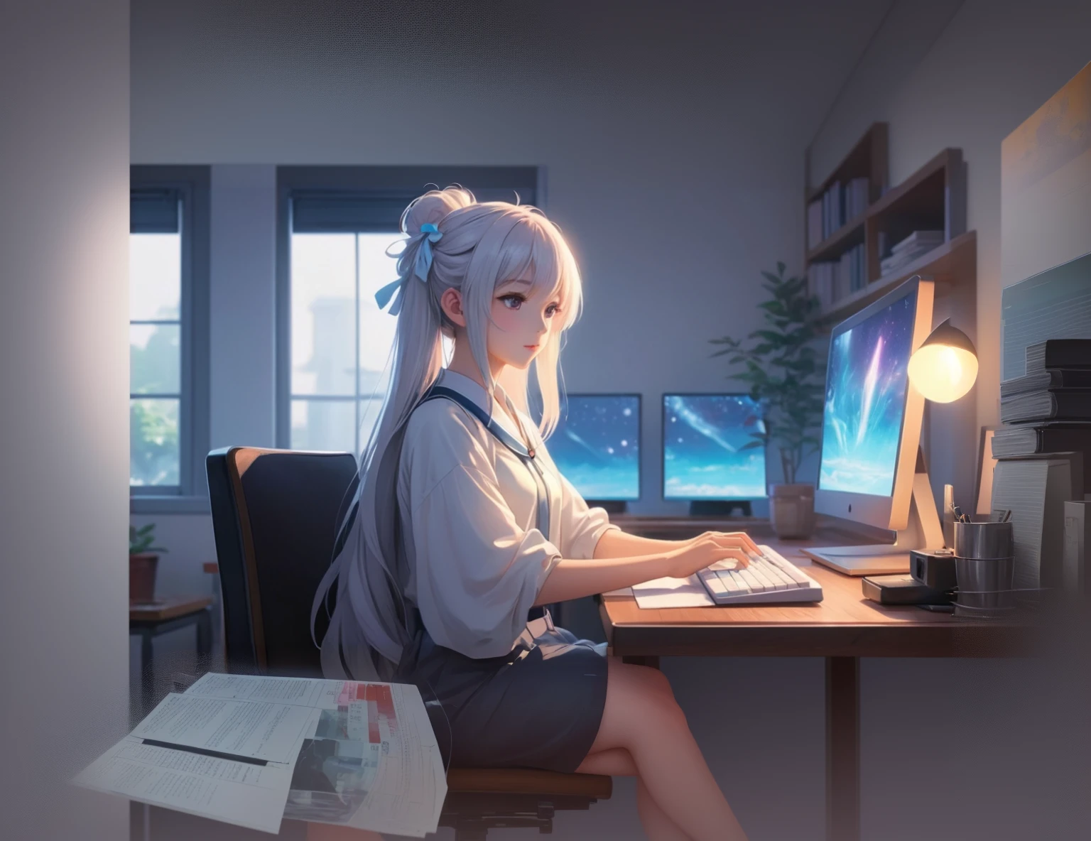 An ethereal anime girl, exuding a sense of calm and nostalgia, sits gracefully at a desk adorned with a laptop and keyboard. The lo-fi artstyle captures the essence of tranquility, with subtle hues and soft lines creating a soothing atmosphere. This exquisite painting radiates lofi vibes, evoking a sense of comfort and relaxation. The anime girl's features are delicately rendered, emphasizing her peaceful expression and gentle aura. Overall, this evocative artwork seamlessly blends anime aesthetic with a dreamy synthwave quality, inviting viewers to immerse themselves in its serene allure.
