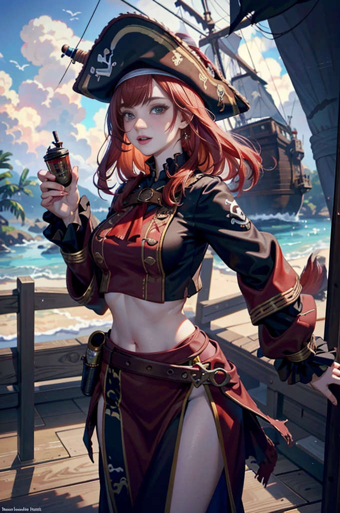 （8K qualityginger woman with freckles,Lovely and beautiful Fas,frekles 28 year old,Red hair,double tails, Practical pirate clothing, (Long-sleeved pirate top), Skirt,Torn pirate hat, view the viewer, fantasy, Cinematic lighting,Masterpiece,Extremely beautiful young lady，perfect body figure，Proud of your figure，Nice face，Correct human dissection