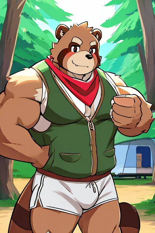 Tanuki, light brown vest, light coffee shorts, red bandana on the neck, tanuki tail, camper, muscular