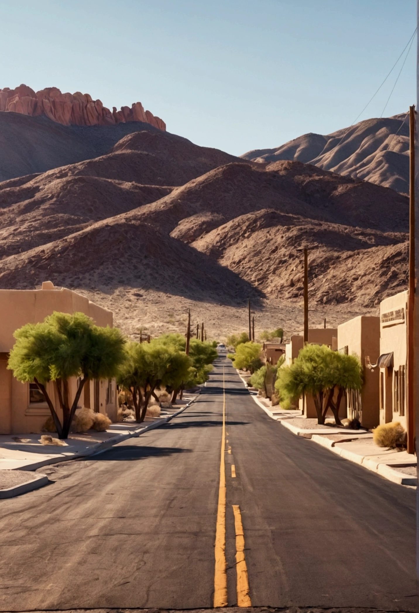 Classic town in the US desert with asphalt on the streets