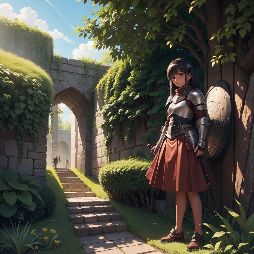 最high quality、high quality、10 years old、Girl Adventurer、Climb the maze stairs、Leather Armor、Long skirt、Equipped with a dagger and a shield、