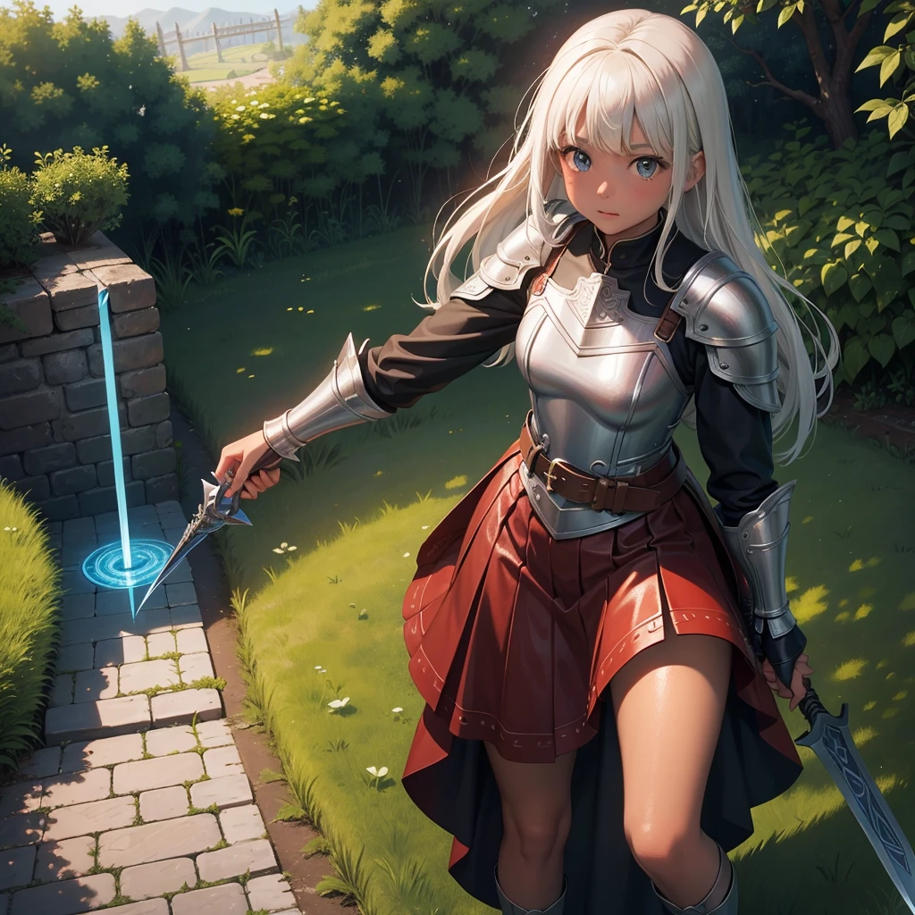 最high quality、high quality、、Girl Adventurer、Climb the maze stairs、Leather Armor、Long skirt、Equipped with a dagger and a shield、