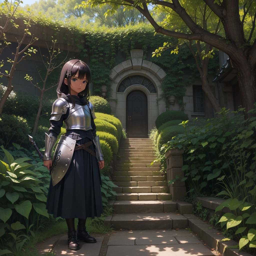 最high quality、high quality、、Girl Adventurer、Climb the maze stairs、Leather Armor、Long skirt、Equipped with a dagger and a shield、