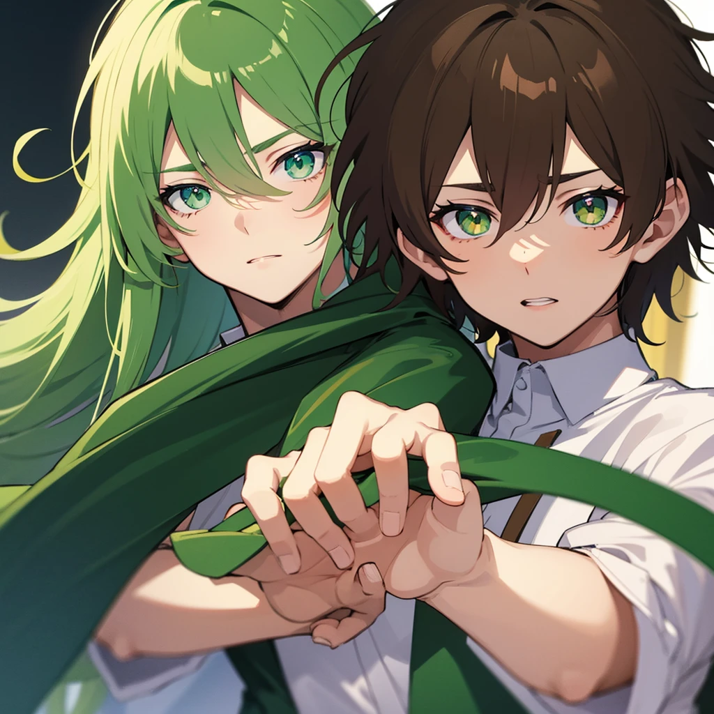 Anime boy with light brown hair with emerald green eyes with a lock of hair covering his left eye