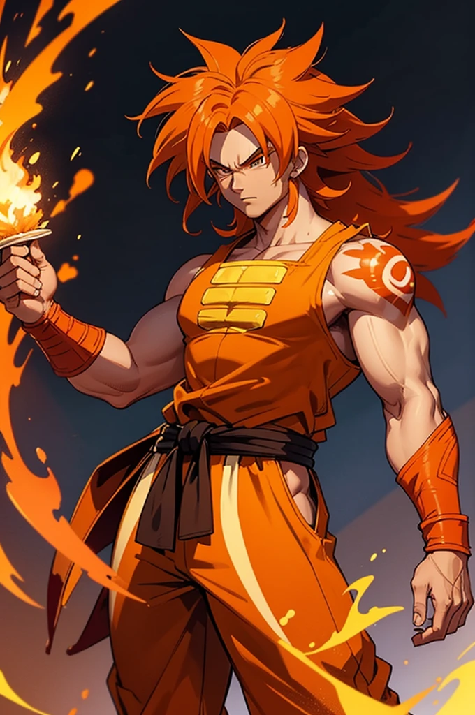 Tanned male with long, thick orange saiyan hair, wearing orange armour, wearing red feathers around his waist, with flame tattoos on their face, in fantasy style