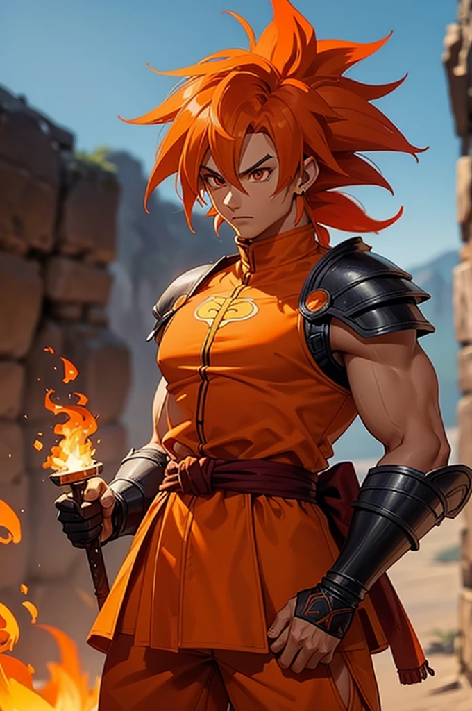 Tanned male with long, thick orange saiyan hair, wearing orange armour, wearing red feathers around his waist, with flame tattoos on their face, in fantasy style