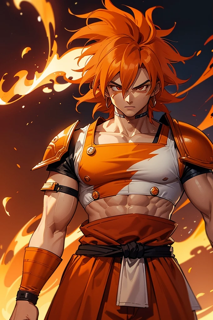 Tanned male with long, thick orange saiyan hair, wearing orange armour, wearing red feathers around his waist, with flame tattoos on their face, in fantasy style