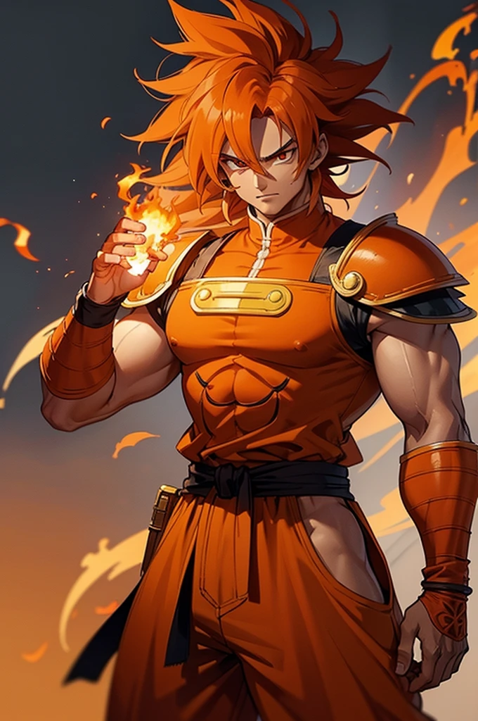 Tanned male with long, thick orange saiyan hair, wearing orange armour, wearing red feathers around his waist, with flame tattoos on their face, in fantasy style