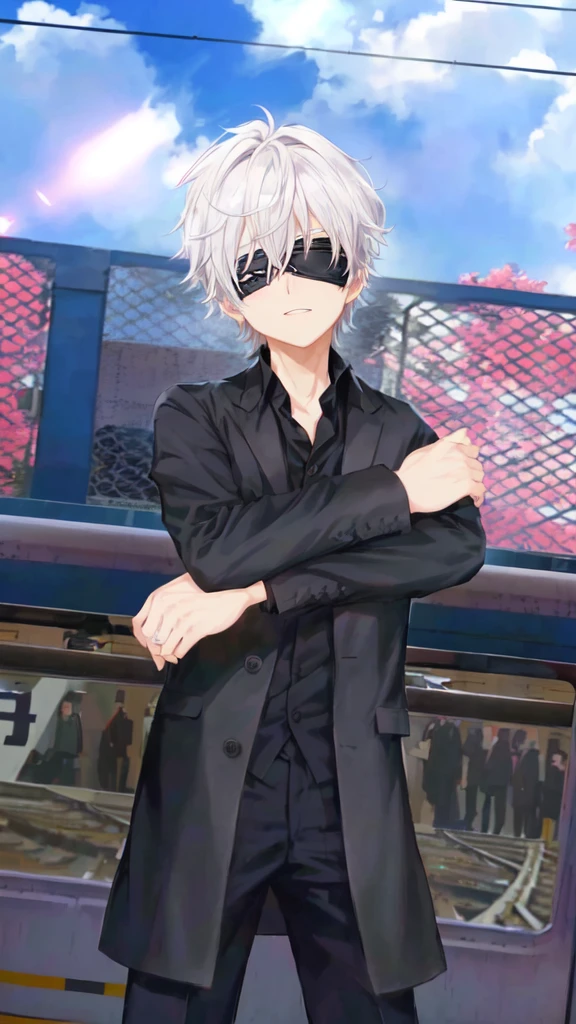 anime character in black suit standing in front of a train, inspired by Okumura Togyu, he wears an blind folded, black blindfolded, he has dark silver hairs, wearing an eyepatch, handsome anime pose, live2d, gojo satoru.