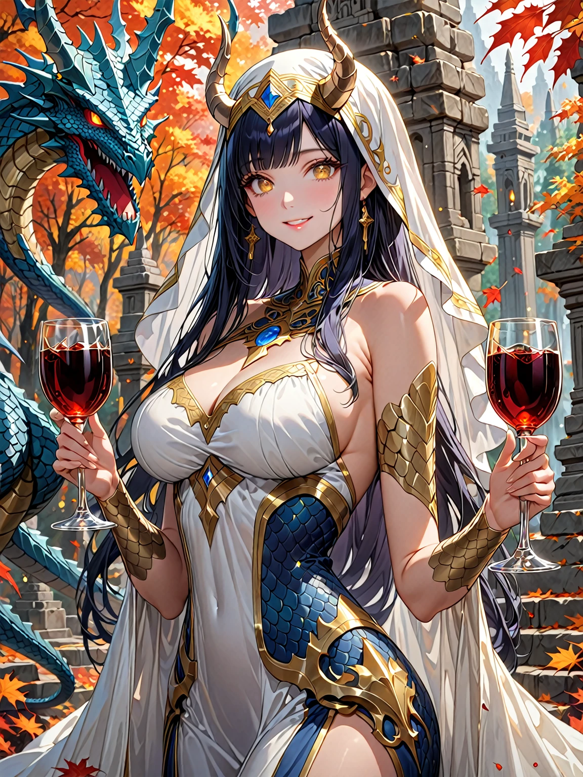 A masterpiece, Very detailed, ultra detailed, Alone, female, long dark blue hair, straight hair, golden eyes with slanted pupils, scales on arms, big breasts, high, ELEGANT DRESS, priestess, gentle smile, outdoor stone temple, draconic hands:1.6, cola, draconic horns, autumn forest, close up, broad smile, Chapped lips, long and thick eyelashes, squinted eyes, Santa, white scales, chalice with wine, bare shoulders, draconic tail, head veil