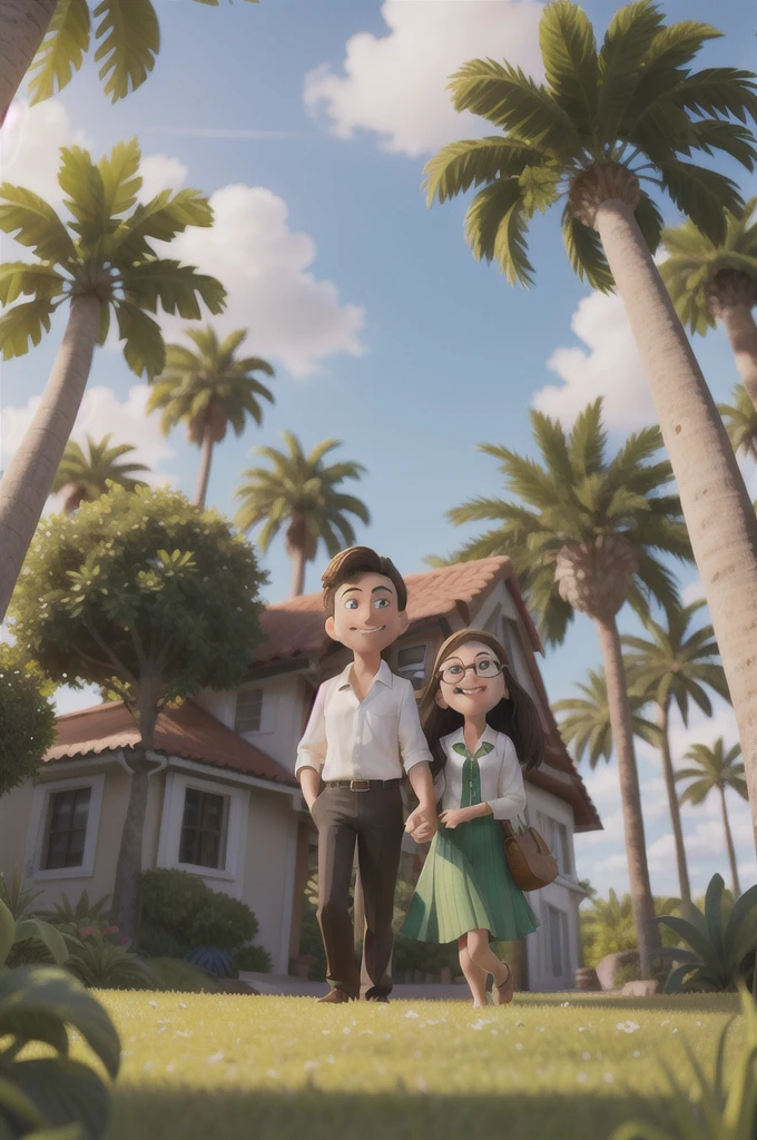 The photo was taken outdoors, probably in a garden, due to the presence of green grass and palm trees in the background. The couple is positioned in the center of the image. The woman on the left has dark, straight, shoulder-length hair. She is wearing glasses, a long-sleeved beige blouse with buttons on the front, and a green skirt that reaches below her knees.
The man on the right is wearing a well-fitting black suit, with a white shirt and a green tie. He has short, dark hair and is smiling.
The environment is well lit, suggesting that the photo was taken during the day, with the sun shining. The palm trees and surrounding vegetation add a tropical touch to the setting.
disney pixar cartoon style