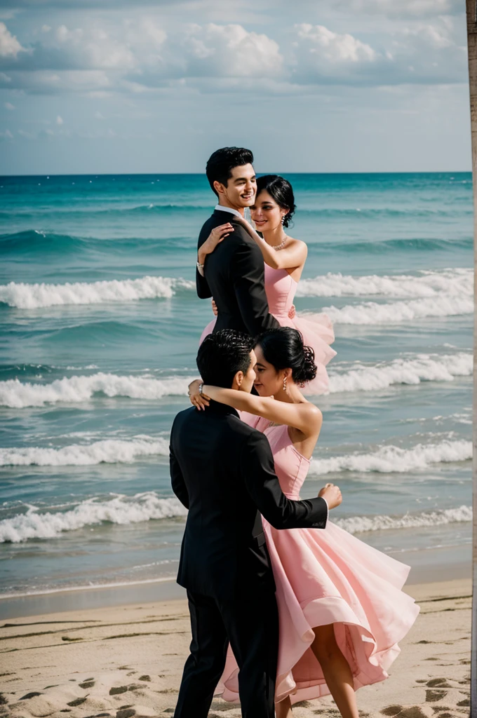 Couple dancing waltz at a formal event, dancing in a place in front of the beach
, the girl in the pink dress, black hair, the boy in a black suit , black hair y con un corte moderno  ambos de piel blanca