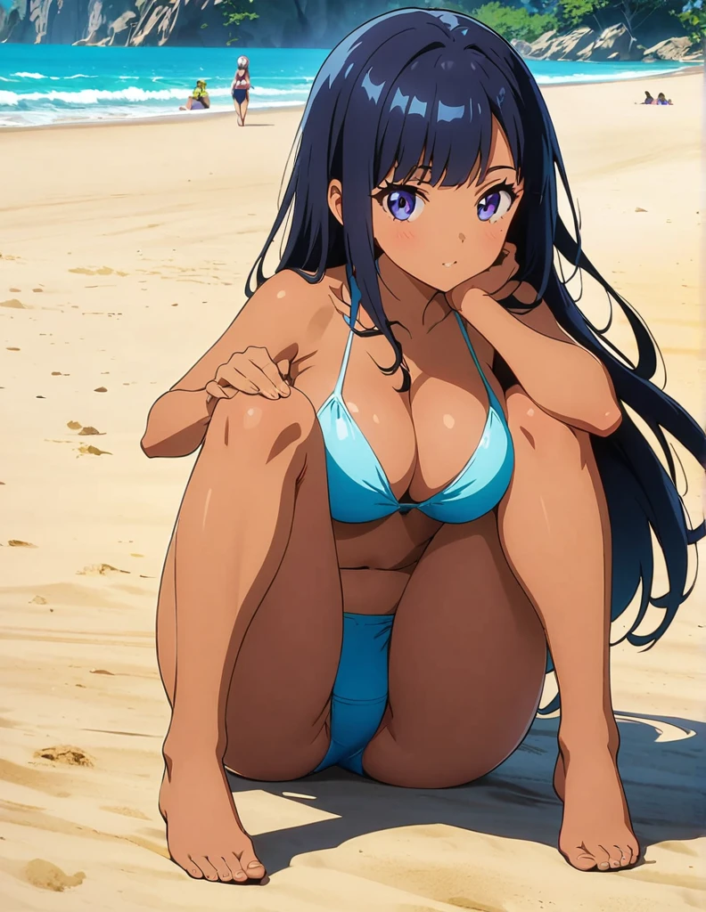 best quality, 1girl, solo, looking at viewer, black bikini, black bikini bottom, string bikini, black hair, wolfcut, shoulder length hair, hair tied in bun, blue eyes, hair between eyes, ufotable screen cap, full body, no shoes, pretty feet, beach,