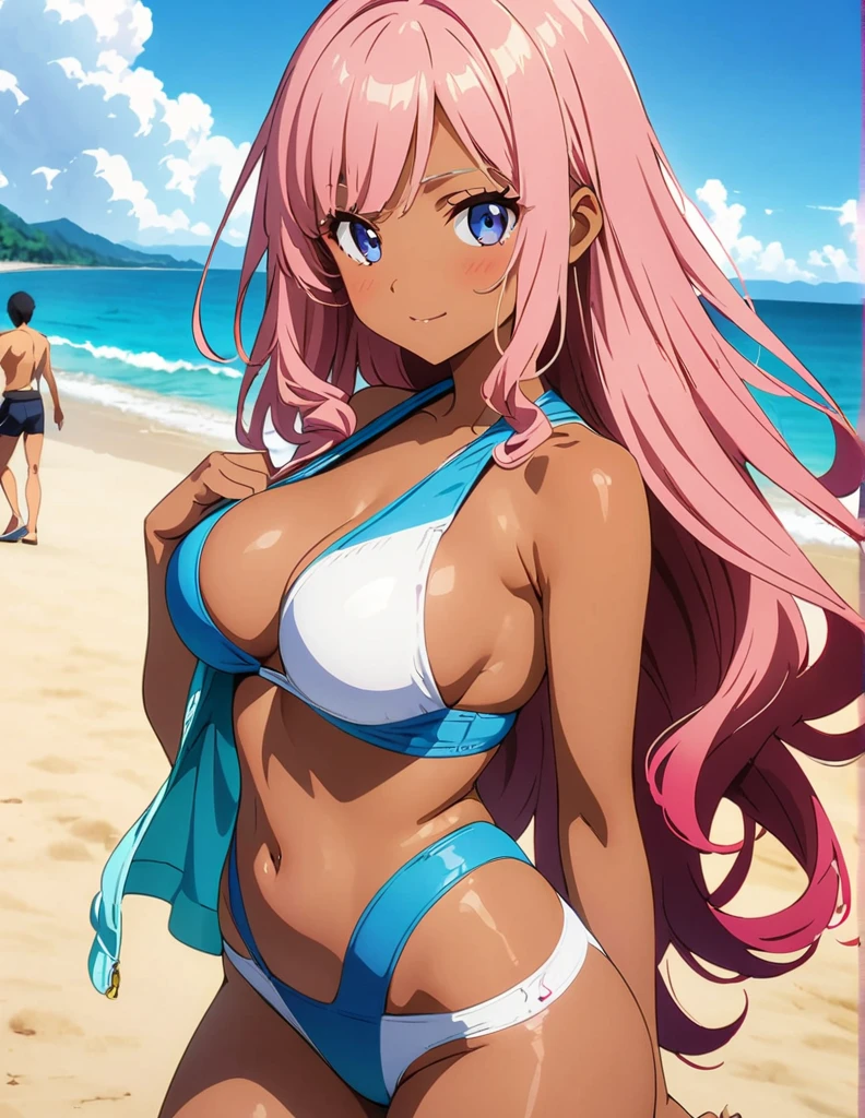 (anime artwork, anime style, studio anime, very detailed, up to date, vibrant, Anime Coloring, high contrast, masterpiece:1.2, best quality, best aesthetics),2 girl,hug from behind,bikini, Medium chest, A glimpse of thighs,random hair, One eye is hidden by the bangs, perfect proportions, high detail skin, Cute, detailed faces,beach, precise fingers,curvy,swim suits crowd, dark skin,cocoa skin, swim suit tanned,full body