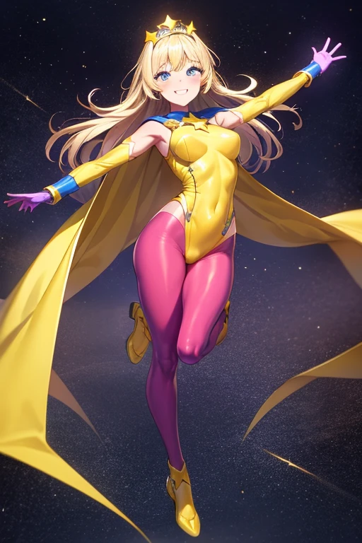 ((best quality)), ((masterpiece)), (detailed), 1 girl, Full body, 19 years old, Smiling face, Blue eyes, Star-shaped tiara, Arms outstretched, Arms behind waist, Blue superhero mask, Blushing, Blonde hair, Straight hair, Long hair, Bangs, 2 star clips in hair, Full body, Medium breasts, Slim body, Hands with yellow stars, Yellow wristbands, Long yellow gloves, Purple gloves, Purple gloves, Superhero costume, Superheroes, Yellow leotard suit, With a big yellow star in the center, Star emblem, Somewhat tight, Long yellow cape on waist, Red belt, Purple legs, Purple pantyhose, Flying, City background, Anime
