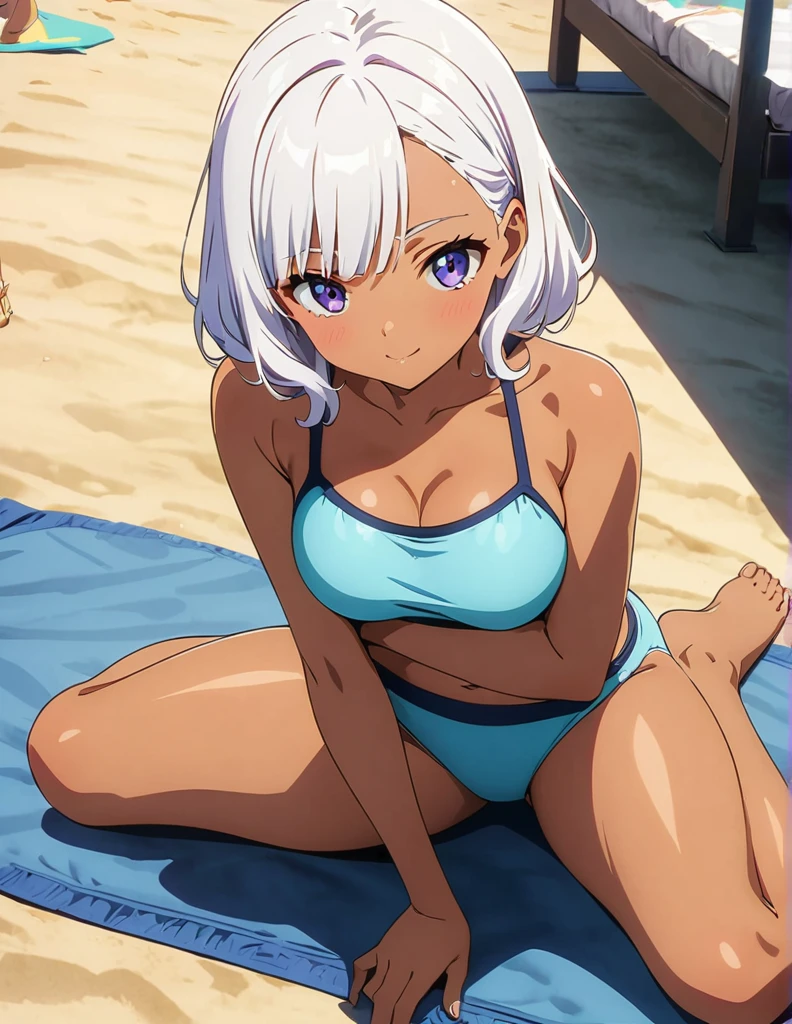 (anime artwork, anime style, studio anime, very detailed, up to date, vibrant, Anime Coloring, high contrast, masterpiece:1.2, best quality, best aesthetics),2 girl,hug from behind,bikini, Medium chest, A glimpse of thighs,random hair, One eye is hidden by the bangs, perfect proportions, high detail skin, Cute, detailed faces,beach, precise fingers,curvy,swim suits crowd, dark skin,cocoa skin, swim suit tanned,full body