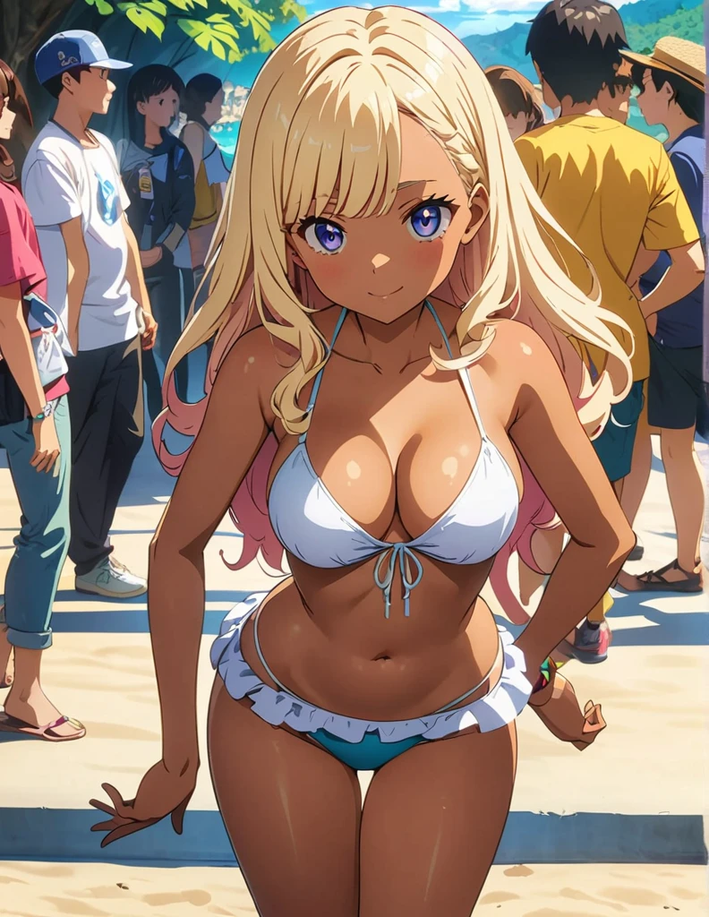 (anime artwork, anime style, studio anime, very detailed, up to date, vibrant, Anime Coloring, high contrast, masterpiece:1.2, best quality, best aesthetics),2 girl,hug from behind,bikini, Medium chest, A glimpse of thighs,random hair, One eye is hidden by the bangs, perfect proportions, high detail skin, Cute, detailed faces,beach, precise fingers,curvy,swim suits  crowd, dark skin,cocoa skin, swim suit tanned,full body 