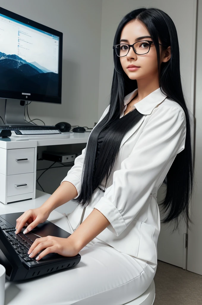 Not so thin girl avatar, elegant clothes, with long black hair, turning your back sitting in front of a computer and programming code