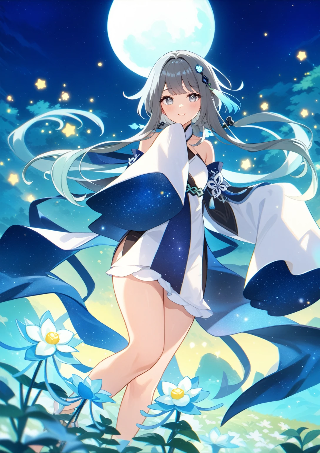 1girl, guizhong_\(genshin_impact\),grey hair with mint gradient,short_hair_with_long_locks in front and low ponytail in back,pale grey eyes with mint gradient,starry_sky_print,detached_sleeves, hands completely hidden by long sleeves,stunning field of softly glowing cerulean and white glaze lilies,night scene,gentle smile,face focus, eye focus,moonlight,glossy lips,vivid anime coloring,cel shading,smooth, soft dreamy focus,anklet,halter_top,white clothes,highly detailed,digital painting,bare_shoulders,barefoot,cool night tones, magical night scene,bokeh, professional,fireflies,Guardian nebula of rainbow and silvery vapor,harmonious blend of nature and art,transcendent beauty,awe-inspiring artwork,(best quality,4k,8k,highres,masterpiece:1.2)