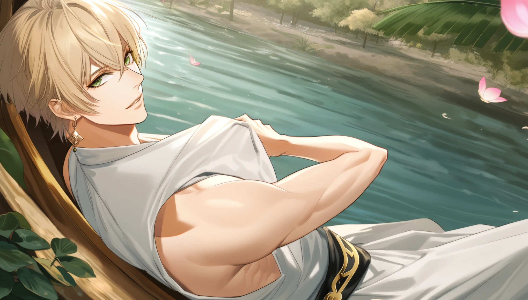 (absurd, highres, ultra detailed, HDR), masterpiece, best quality, perfect face, fine features, vivid green eyes, solo, male, handsome, detailed face, Taishakuten, ash blonde hair, hair between eyes, white tunic, chest, lotus earrings, onmyoji, pink petals, pink butterflies, sitting on the shore of a lake, looking at the water, perfect anatomy, athletic, light muscles,