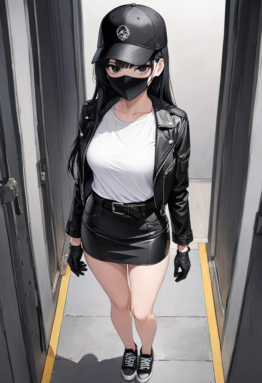 Black miniskirt , Black sneakers , white t-shirt , Black leather jacket , pencil skirt , Leather skirt , whole body , thighs , black hair , black eyes , straight hair , black ball cap , long sleeves , bare legs , View from above , Black gloves , standing posture , black mask , waist belt