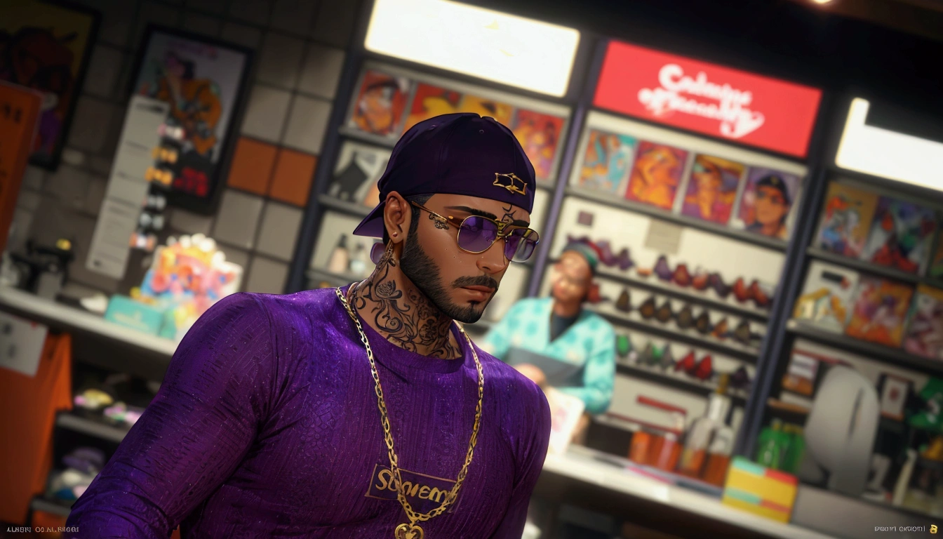 men wearing purple shirt, purple cap, gold chain, tattooed, black glasses