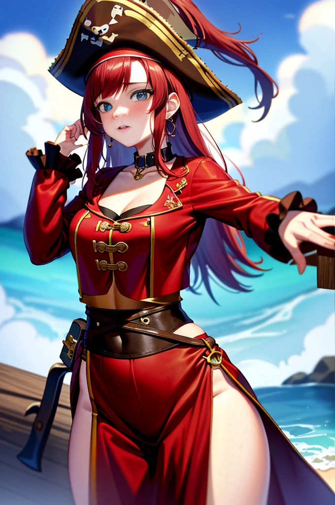 （8K qualityginger woman with freckles,Lovely and beautiful Fas,frekles 28 year old,Red hair,double tails, Practical pirate clothing, (Long-sleeved pirate top), Skirt,Torn pirate hat, view the viewer, fantasy, Cinematic lighting,Masterpiece,Extremely beautiful young lady，perfect body figure，Proud of your figure，Nice face，Correct human dissection