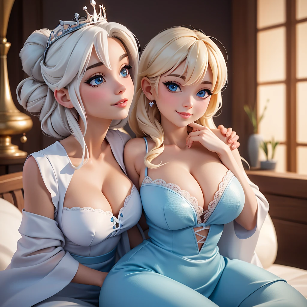 Gros plan réaliste en 8K sur le visage et le buste d'Elsa, la reine des neiges. Elle est allongée sur un lit, ne portant qu'une chemise d'homme trop grande qui glisse de son épaule découvrant sa peau pâle. Son expression est coquette, avec un regard de braise et un léger sourire aguicheur. Son corps sinueux est partiellement caché par le tissu, laissant deviner ses courbes voluptueuses. Le fond est flou et sombre, mettant l'accent sur la sensualité du personnage. female_detailed_v15, face_detailed_v15, body_detailed_v15, clothing_detailed_v15, detailed, cinematic, seductive, sensual, voluptuous, partially clothed