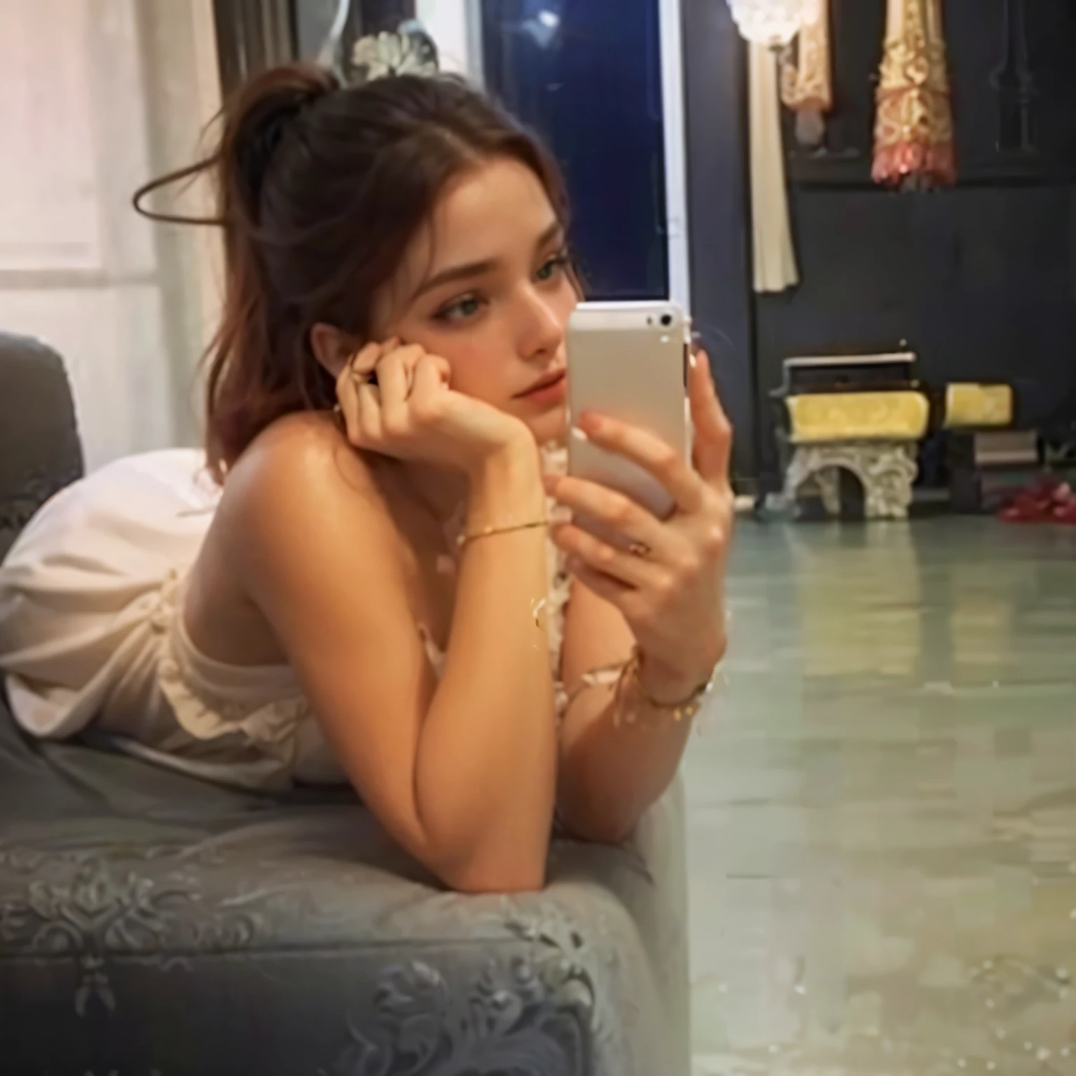 a beautiful redheaded woman, detailed elegant facial features, piercing green eyes, delicate pink lips, long eyelashes, wavy shoulder-length red hair, white flowing dress, graceful pose, serene expression, ornate baroque-style room, high ceilings, ornate chandelier, detailed floral wallpaper, plush velvet furniture, natural soft lighting, photorealistic, 8k, highly detailed, masterpiece, cinematic lighting, dramatic colors, Renaissance painting style
