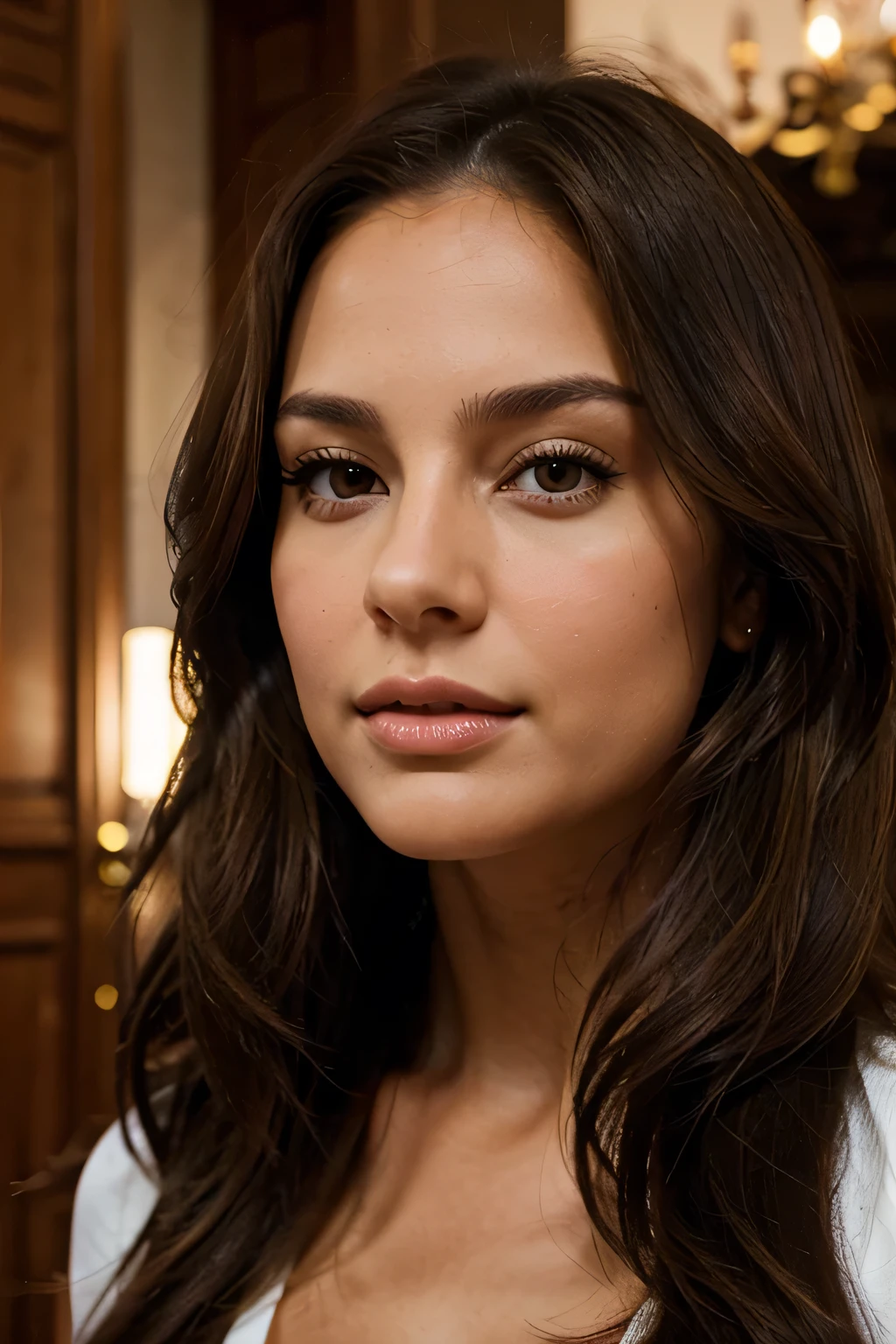 brunette woman, curved, Round head, Brown eyes, beautiful lips, huge breast, European type, 35 ans, semi-long hair, A little tanned, not very tall, regarde de face,
