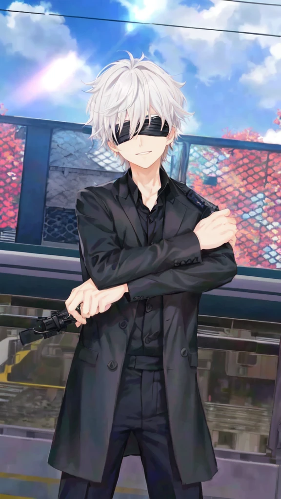 anime character in black suit standing in front of a train, inspired by Okumura Togyu, he wears an blind folded, black blindfolded, he has dark silver hairs, wearing an blind folded, handsome anime pose, live2d, gojo satoru. Fake smile.