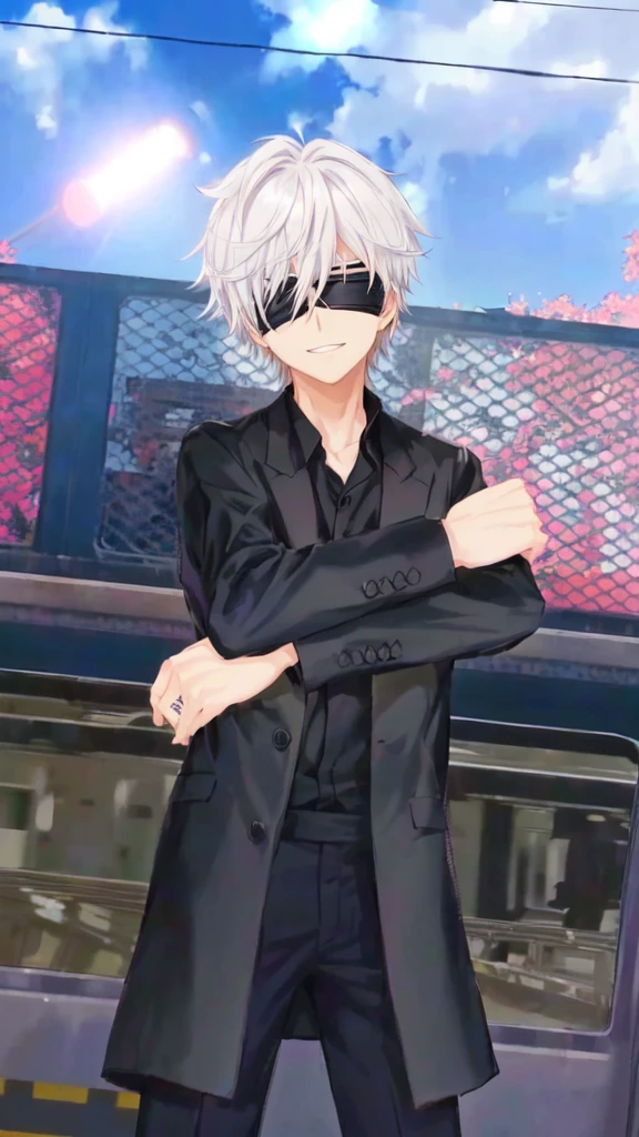 anime character in black suit standing in front of a train, inspired by Okumura Togyu, he wears an blind folded, black blindfolded, he has dark silver hairs, wearing an blind folded, handsome anime pose, live2d, gojo satoru. Fake smile.